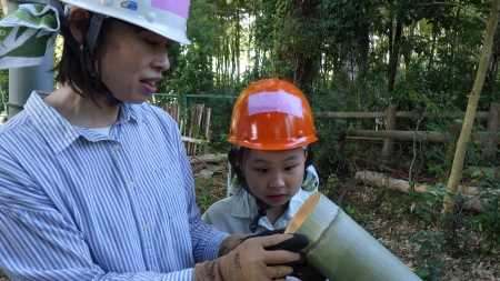 きれいな竹の断面を見る親子