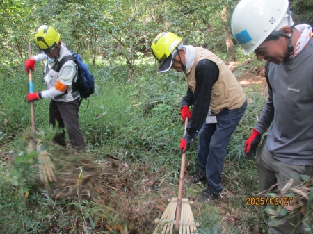 協力して刈った草をまとめる