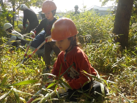 腰の高さ以上の草を刈るこども