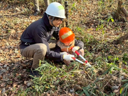 親子で協力して下草刈り