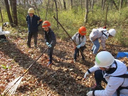 大人から声かけされながら落葉かきをする子ども