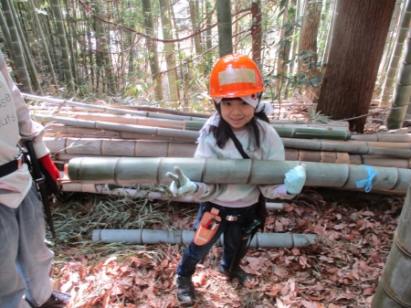 竹を集積場所へ運ぶ少女